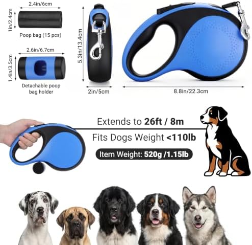 Segarty 26 Ft Retractable Lead for Dogs Weighing 66 lbs - 110 lbs, 8m Heavy-Duty Dog Leash with Poop Bag Holder, Extra Long Lead with Anti-Slip Handle One-Handed Brake Pause Lock for Medium Large Pet