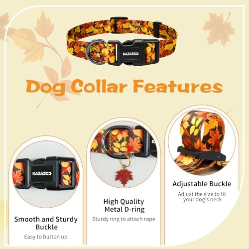 Kazazoo Dog Collar Cute and Soft Nylon Puppy Collar for Boy and Girl Dogs, Adjustable Dog Collars for Medium Dogs, Maple Leaf-M