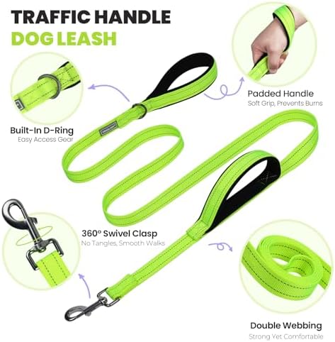 VIVAGLORY Double Handle Dog Leash Twingrip, 5ft x 1in, M, Neon Yellow