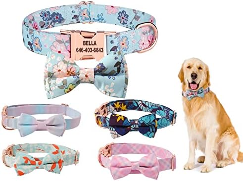 Personalized Dog Collar with Bow Tie - Birthday Custom Dog Collar Flower with Metal Buckle Adjustable Cute Collar for Girl Puppy Small Medium Large Dog