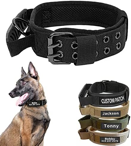 Personalized Tactical Dog Collar Handle with Name Phone Number Tags, Custom Military Pet Collars for Medium Large Breeds