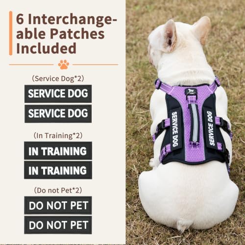 Huntboo Service Dog Vest Harness, Escape Proof Harness with 6 Patches, No-Pull, Reflective Harness with Handle, Adjustable for Small to Large Dogs, for Training and Hiking (Lavender Purple, L)