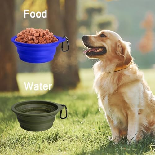 PetBonus 2-Pack Large Silicone Collapsible Dog Bowls, 34oz/1000ml BPA Free Portable Foldable Travel Bowl for Pet Cat, Food Water Feeding Dish for Camping with 2 Carabiners (Army Green, Blue)