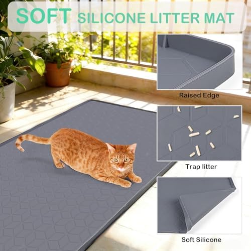 SORKUT Cat Litter Mat 34x22 Inch, Large Silicone Litter Box Mat for Floor Protection, Waterproof & Non-Slip, Soft for Cat Paws, Easy to Clean, Leak-Proof Edge, Gray