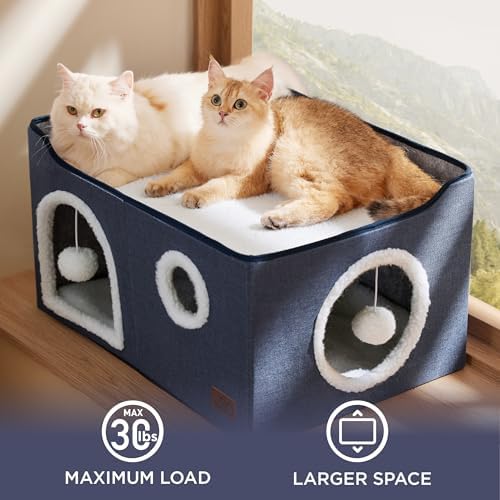 Bedsure Extra Wide Cat House Bed with Fluffy Ball and Scratch Pad,Blue