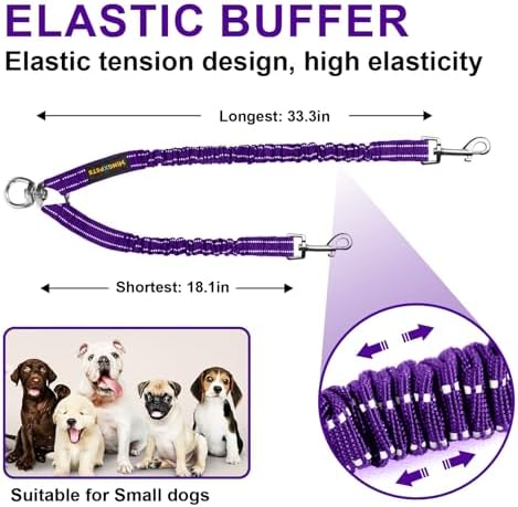 MingXpet 2 Dog Leash, Dog Leash for 2 Dogs, 360° Swivel No Tangle Double Walking Training Leashes for Large Dogs that Pull, Comfortable Shock Absorbing Reflective Bungee, Purple