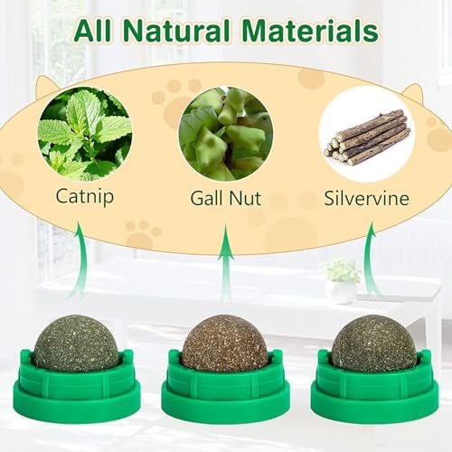 3 Pack Catnip Balls, Catnip Ball for Cats Wall, Edible Kitty Toys for Cats Lick, Safe Healthy Kitten Chew Toys, Teeth Cleaning Dental Cat Toys, Cat Wall Treats (1, Green)