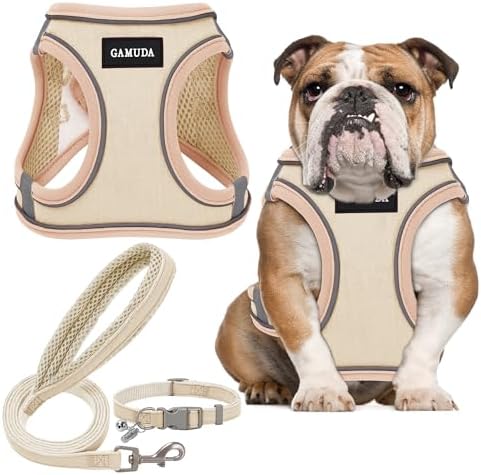 GAMUDA Small Pet Harness Collar and Leash Set, Step in No Chock No Pull Linen Fabric Soft Mesh Dog Vest Harnesses Reflective for Dogs Puppy Cats Kitten Rabbit (Khaki, L)
