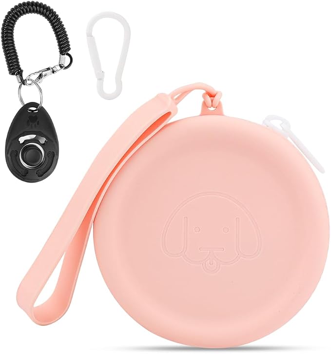 WALLFID Silicone Dog Treat Pouch Small Bag,with Pet Training Clicker,Walking Bag for Dog and Cat, Pocket Size, Easy to Clean, Odorless, Zipper Design,Moisture-Proof,Travel Walking Bag.(Pink)
