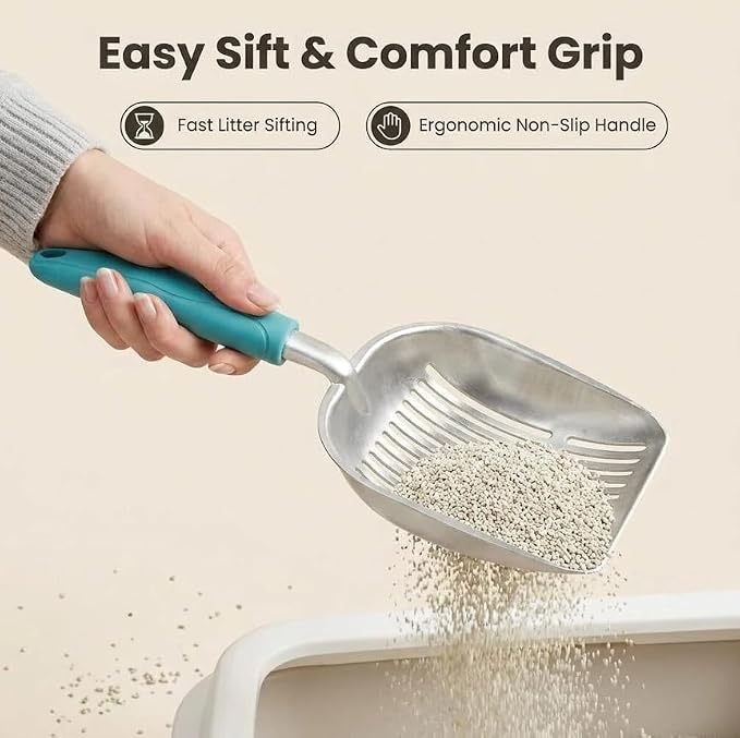 Heavy Duty Cat Litter Scoop with Holder - All Metal Cat Litter Scooper with Holder - Speed Sifter Litter Box Scooper Captures All Clumps - Aluminum Cats Litter Scooper