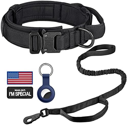 DAGANXI Tactical Dog Collar, Adjustable Military Training Nylon Dog Collar with Control Handle and Heavy Metal Buckle for Medium and Large Dogs, with Patches and Airtags Case (XXL, Black-Set)