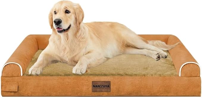 NANUYA Orthopedic Dog Bed for Large Dogs, 36 x 27 Inch, Orange | Egg crate foam for joint support, 3-sided bolster pet sofa, waterproof lining, washable cover, and non-skid base