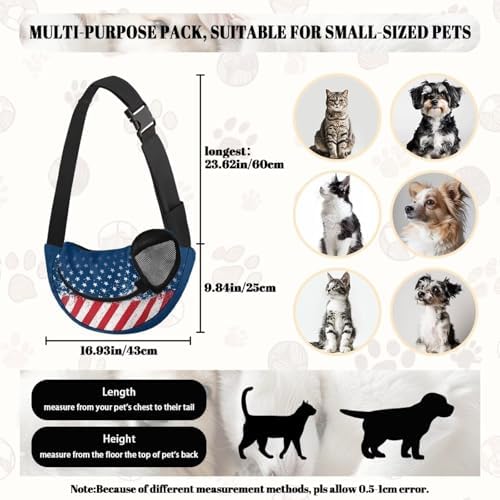 COEQINE Large Capacity Pet Carrier Sling Bag for Small Dogs 3-10 Ibs, American Flag Stars Print Reversible Crossbody Purse for Dogs and Cats Small Pouch Drawstring Dog Papoose Non-Anxiety