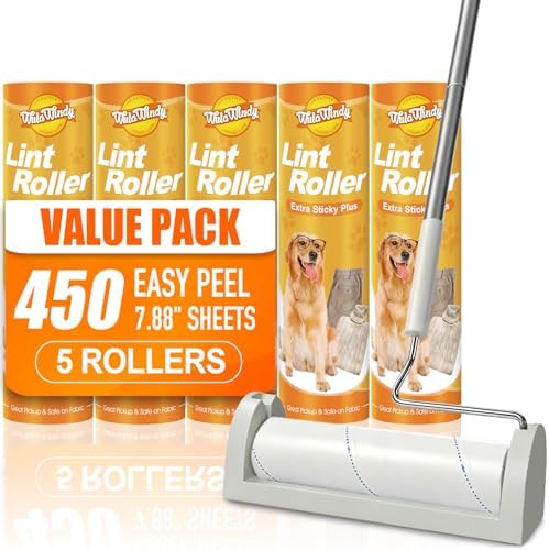 WulaWindy Long Handle Lint Roller for Pet Hair, 450 Sheets, 5 Rolls