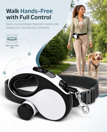 Hands-Free Retractable Dog Leash with Waist Belt, 16FT Extendable Strap