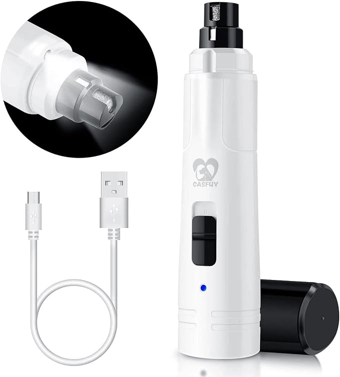 Casfuy Dog Nail Grinder with LED Light - Upgraded 2-Speed Electric Pet Nail Trimmer Powerful Painless Paws Grooming & Smoothing for Small Medium Large Dogs & Cats (White)
