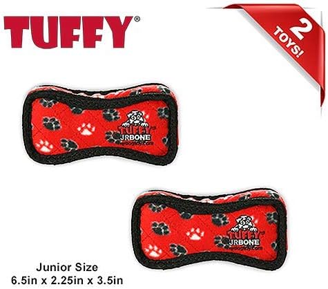 TUFFY - World's Tuffest Soft Dog Toy - Junior Bone -Squeakers -Multiple Layers. Made Durable, Strong & Tough.Interactive Play(Tug, Toss & Fetch). Machine Washable & Floats (Red Paw, Bone2 2 Pack)