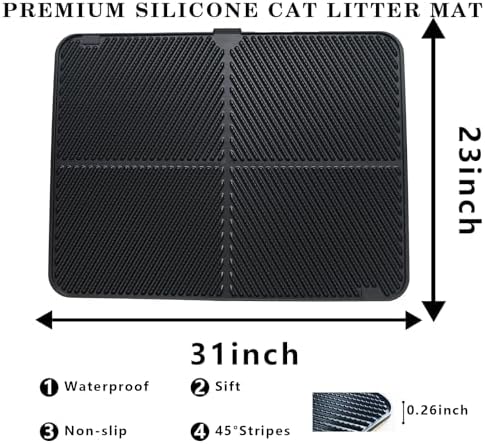 Silicone Cat Litter Mat,Extra Large Litter Trapping Mat,Waterproof Litter Box Mat for Floor,Easy Clean,Non-Slip Litter Catcher Mat,Cat Supplies Needs (Black, 31x23x0.26 in)