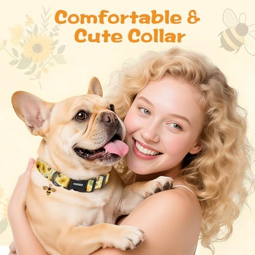 Kazazoo Dog Collar Cute and Soft Nylon Puppy Collar for Boy and Girl Dogs, Adjustable Dog Collars for Small Dogs, Bees and Sunflowers-S