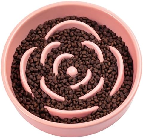 Pink Ceramic Dog Bowl Slow Feeder for Medium and Large Breed,1.5 Cup 8.26 in Slow Feeding Bowl,Puzzle Dog Food Bowl for Fast Eater,Maze Dish for Fast Eater