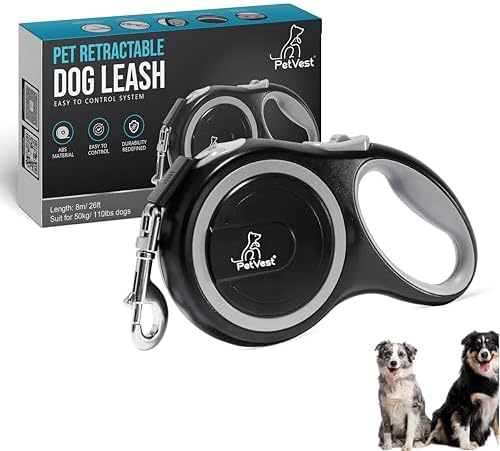 Retractable Dog Leash – Extendable up to 26 FT, Heavy Duty Nylon Tape, No-Tangle, One-Handed Brake & Lock, for Small to X-Large Dogs up to 110 lbs (Black)