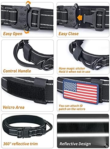 AUBELL Reflective Tactical Heavy Duty Dog Collar with Handle,Black L