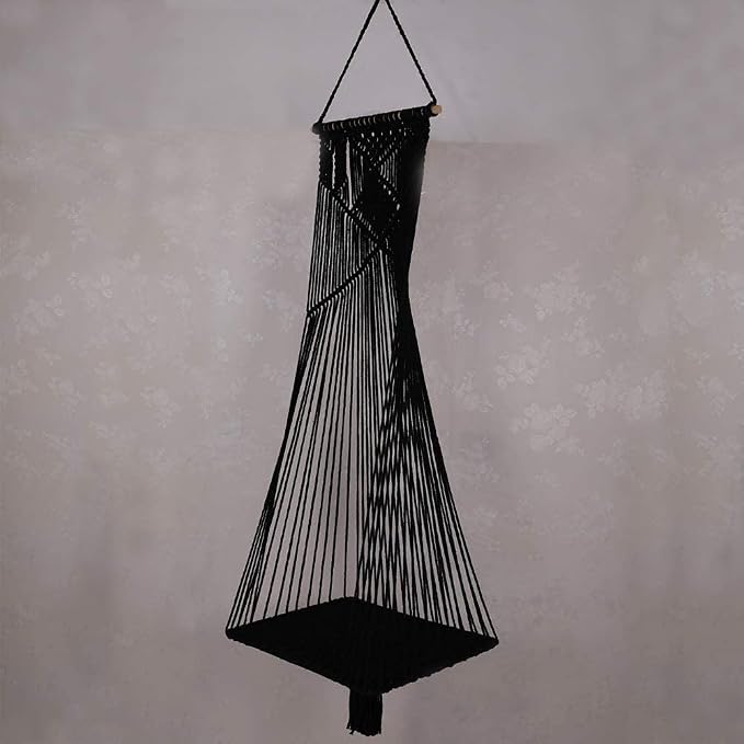 Macrame Hanging Cat Hammock Bed Cat Swing House Space Saving Window Perch with Washed Cotton Cats Toy Tassel Basket Tapestry (Black, Swing Bed+Cushion, L)