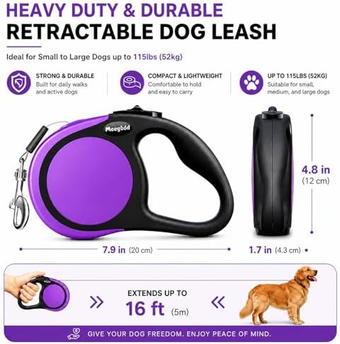 Heavy Duty Retractable Dog Leash-16ft Strong & Durable Walking Leash for S to L Dogs up to 45/115 lbs, Upgraded Lock System, Non Slip Grip, Tangle Free (Purple, Medium-Large Sized)