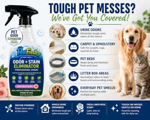 PawFresh Pet Odor & Stain Eliminator Spray, Linen Rose Scent, 16 oz