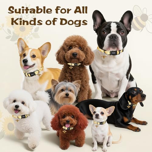 Kazazoo Dog Collar Cute and Soft Nylon Puppy Collar for Boy and Girl Dogs, Adjustable Dog Collars for Small Dogs, Bees and Sunflowers-S