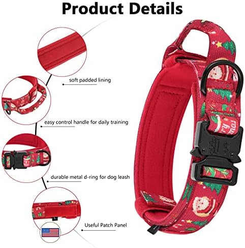 DAGANXI Christmas Tactical Dog Collar, Adjustable Military Training Nylon Dog Collar with Control Handle and Metal Buckle for Medium and Large Dogs, with Patches and Airtags Case (L, Christmas red)