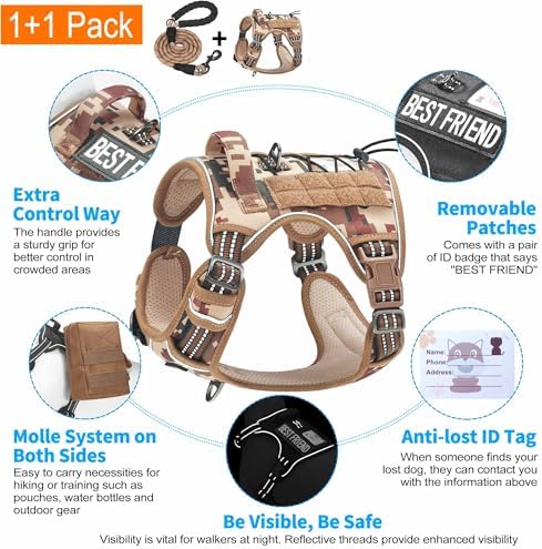 Beebiepet Heavy Duty Tactical Dog Harness for Small Dogs, No Pull Adjustable Pet Harness Reflective Service Training Easy Control Pet Vest Military K9 Working Dog Harnesses-X- Large, Desert Camo