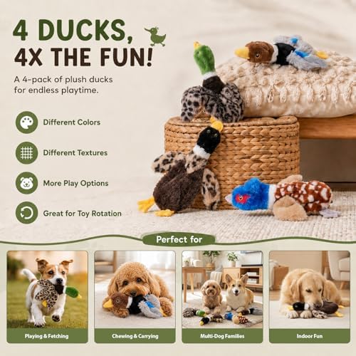 Stuffing-Free Duck Dog Toys, 4 Pack Squeaky Crinkle Plush Dog Toy Set, No-Stuffing Puppy Toys for Small & Medium Dogs, Soft Dog Toys for Light to Moderate Chewers