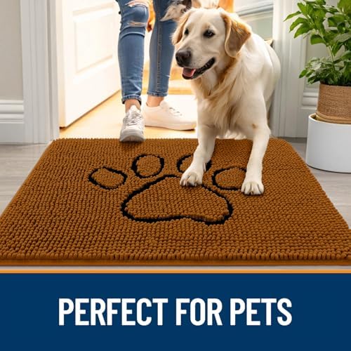 OLANLY Dog Door Mat for Muddy Paws 36x24, Paw Print Design Chenille Mud Mat