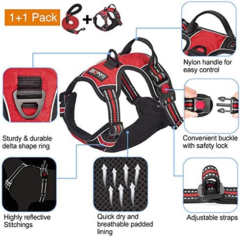 tobeDRI No Pull Dog Harness Adjustable Reflective Oxford Easy Control Medium Large Dog Harness with A Free Heavy Duty 5ft Dog Leash, Red, M