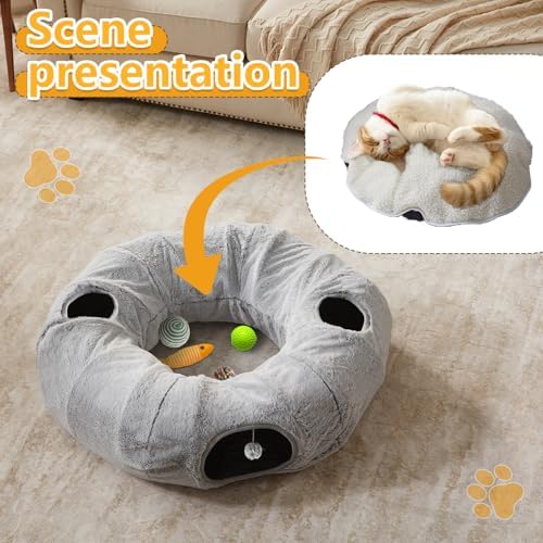 WINDRACING Cat Tunnel Bed for Indoor Cats - Cute Cat Donut Tunnel with Washable Circle Cushion, Round Pet Play Toy for Kitten/Puppy/Rabbit, Grey