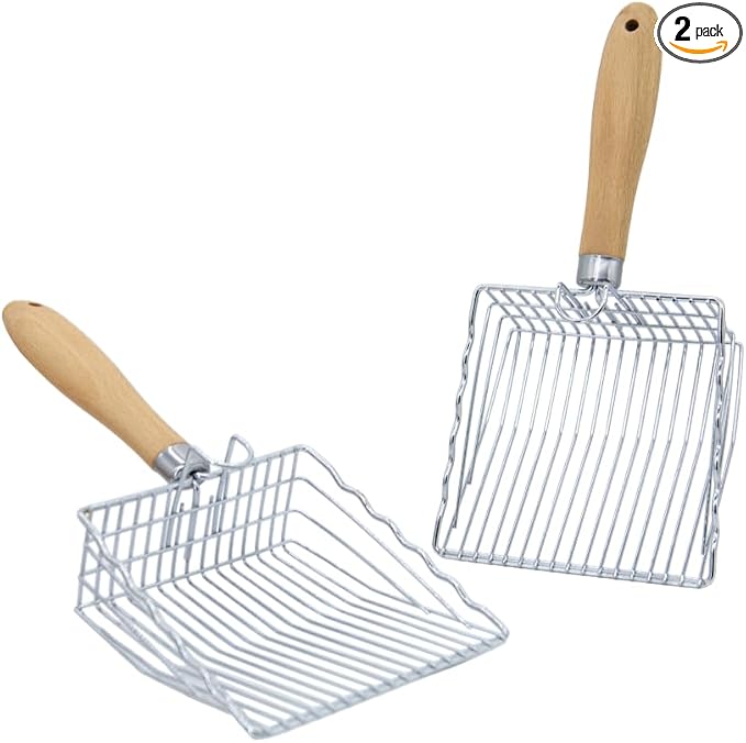 2 Pack Metal Cat Litter Scoops, Heavy-Duty Kitty Scooper with Hook, Stainless Steel Kitten Poop Lifter for Litter Box, Speed Sifter with Comfortable Beech Wood Grip | 2 Pack Metal Cat Litter Scoops
