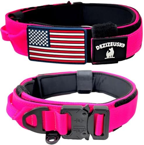 Tactical Dog Collar with Handle, American Flag Patch, 1.5 Inch Wide Thick Heavy Duty Nylon, Quick Release Metal Buckle, Customizable Name Plate, Ideal Dog Collars for Medium to Large Breeds K9 Harness