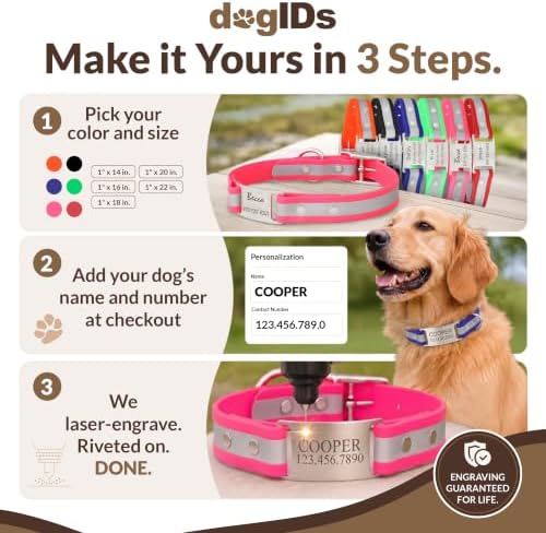 dogIDs Personalized Reflective Waterproof ScruffTag Dog Collar - Custom, Soft Grip, Safe Adjustable, Odor Resistant - Pink, 1 in x 18 in (Fits Neck Sizes: 16-20 in)