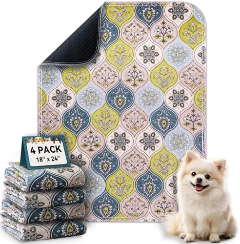 Washable Pee Pads for Dogs, Stylish Absorbent Reusable Training Dog Pads, Non-Slip and Leak-Proof Puppy Pads, Potty Pads for Crates, Whelping, Playpen, Bed and Floors (Cream/Multi, 18" x 24" 4PACK)