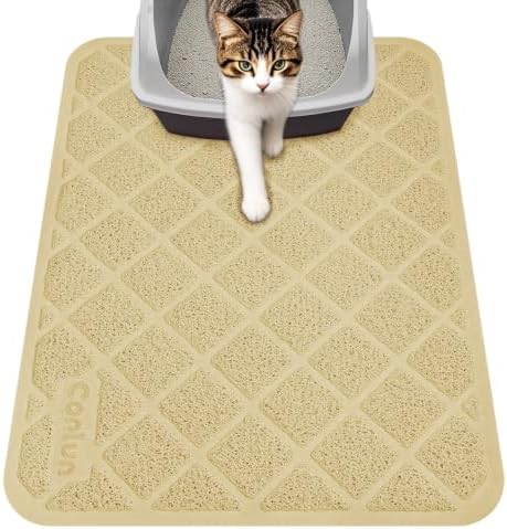 Conlun Cat Litter Mat Litter Trapping Mat, Premium Durable PVC Grid Mesh with Scatter Control, Non-Slip, Less Waste Cat Litter Box Mat, Soft on Kitty’s Paws, Urine Waterproof, 24" x 17" Beige