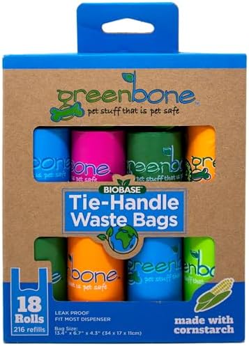 Greenbone BioBase Cat or Dog Poop Bags with Handles Tie, 18 Dispenser Rolls - 216 Bags- Large Leak Proof- Pink, Green, Orange, Blue Variety