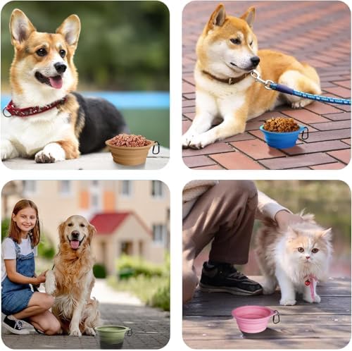 PetBonus 2-Pack Silicone Collapsible Dog Bowls, BPA Free Dishwasher Safe, Portable Foldable Expandable Travel Bowl, Food Water Feeding Cup Dish for Dogs Cats with 2 Carabiners （Grey, Chalk Pink）