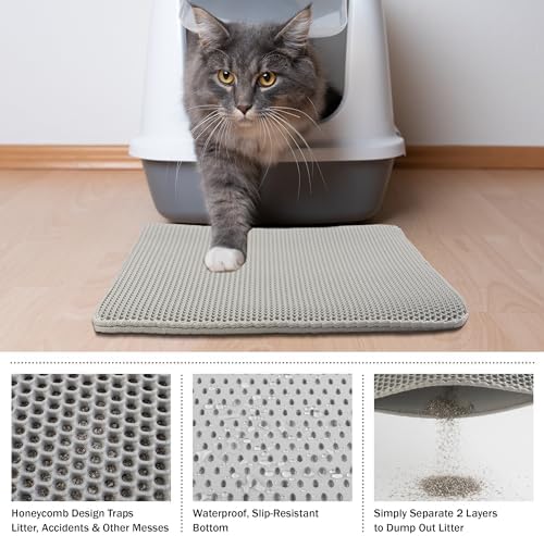 Cat Litter Mat - 24x15-Inch Waterproof Litter Box Mat with Dual-Layer Honeycomb Design for Trapping Litter - Slip-Resistant Cat Mat by PETMAKER (Gray) (Pack of 2)