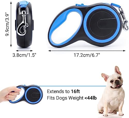 Segarty Dog Leash Retractable, 16ft Heavy Duty Walking Dog Leash for Medium Small Dogs up to 44lb, Anti-Slip Handle 360°Tangle-Free Nylon Tape, One-Handed One Button Lock and Release (Blue)