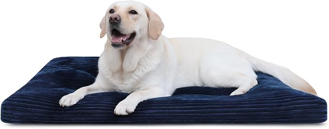 KSIIA Washable Dog Crate Bed Kennel Mat for Large Dogs,41 x 27 Inch, Blue | 3in thick soft PP filling,Elastic rebound,300gsm shed-proof flannel,Soft skin-friendly,Anti-slip bottom,Machine washable
