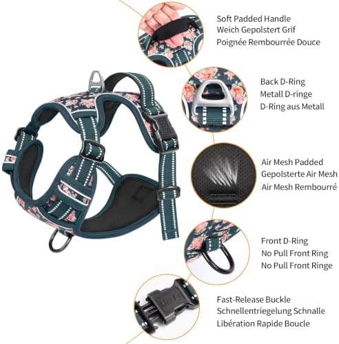 HEELE Dog Harness, Reflective, No Pull No Choke, Flower Blackish Green, M