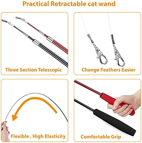Qpets® Cat Toys Set of 11 Cat Teaser Wand Toy with 2 Retractable Teaser Wand, 5 Feather Teaser Toy, 4 Worm Teaser Cat Toy Interactive Cat Toy Wand Kitten Toys for Indoor Cats to Play Chase Exercise