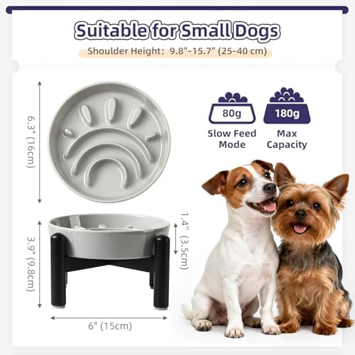 Elevated Slow Feeder Dog Bowl, 0.8 Cups Ceramic Raised Slow Feeder with Stainless Stand, 6.3 Inch Wide Lifted Dog Bowl for Small Breeds to Control Eating Speed, Grey