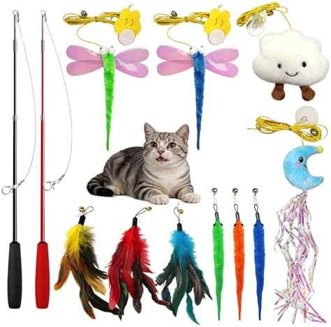 Cat Toys Interactive Feather Teaser Wand Set, Retractable Cat Fishing Pole Toy with Assorted Replaceable Attachments & Bells, Fun Hunting Exercise (12 Pack)